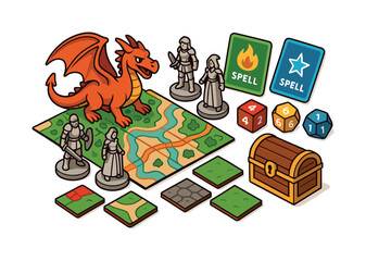 Fantasy board game flat icon set. featuring dragon, dice, cards, map, figurine, chest, and tiles