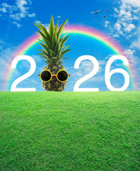 Pineapple with sunglasses and 2026 white text on green grass field over rainbow, birds and blue sky with white clouds, Happy new year 2026 summer holiday concept