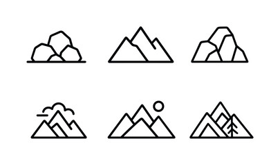 Nature linear icon set. featuring rocks, mountains, landscapes, nature scenes, clouds, and trees
