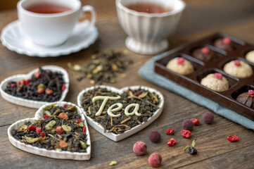 tea pressed into hearts, cup and candies