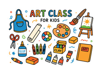 Art class flat icons set. featuring apron, brush, easel, canvas, crayons, glue, and paint palette