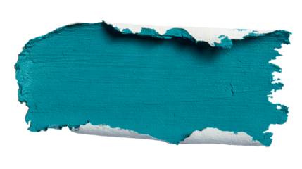 A torn paint chip swatch in a solid bright teal color on a white background for design and color reference with sample and texture and rough