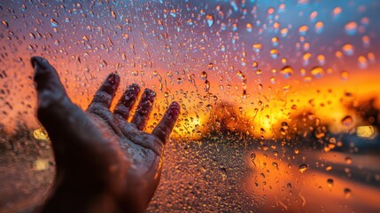 Harmony in the Storm: A hand reaches out towards a window covered in raindrops, capturing the serene interplay between human touch and the beauty of a stormy sky.