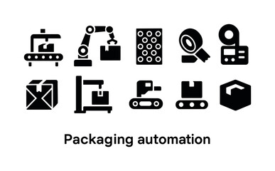 Packaging automation silhouette icon set. featuring conveyor, robot, tape, shipment, box, and machine symbols