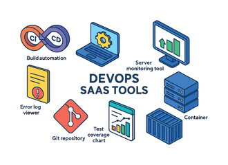 Devops tools flat icon set. featuring build automation, server monitoring, error log viewer, git repository, and container symbols