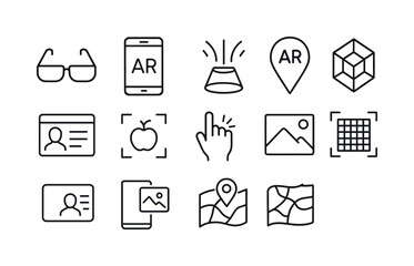 Augmented reality linear icon set. featuring glasses, smartphone, hologram, ar location, cube, id, and map symbols