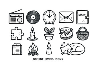 Offline living linear icon set. featuring radio, vinyl, clock, mail, diary, puzzle, candle, and plant symbols