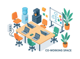 Office furniture isometric icon set. featuring desk, chair, laptop, whiteboard, plants, water cooler, and coffee machine