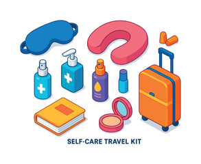 Travel essentials flat icon set. featuring suitcase, neck pillow, eye mask, earplugs, sanitizer, book, and cosmetics