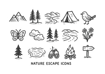 Nature escape linear icon set. featuring mountain, tree, river, tent, bird, butterfly, and flower symbols