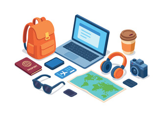 Travel essentials flat icon set. featuring backpack, laptop, coffee, passport, headphones, map, camera, sunglasses