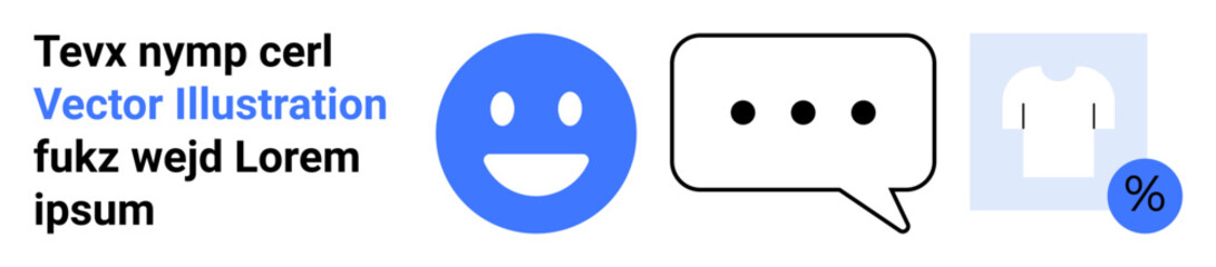 Obraz premium Communication, ecommerce, feedback, user interface, online shopping, visual marketing. A blue happy face, speech bubble T-shirt icon and percentage symbol. Communication and ecommerce themed design