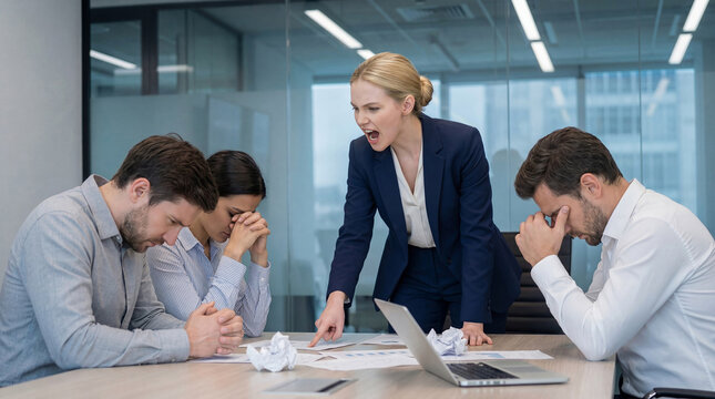 Angry female boss screaming on stressed employees in office