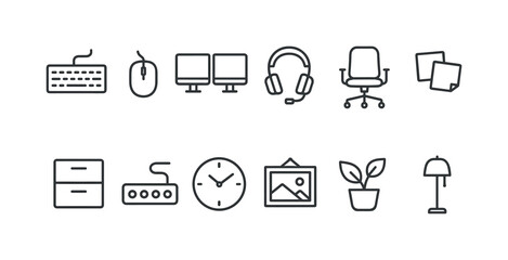 Office essentials linear icon set. featuring keyboard, mouse, monitors, headset, chair, files, drawer, clock, image, plant, lamp