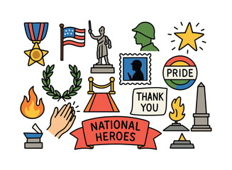 National heroes flat icon set. featuring medal, flag, statue, silhouette, star, laurel, pride, thank you symbols