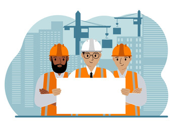 Engineer near houses under construction and construction cranes. Builder holds a large white sheet for text.