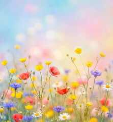 Beautiful colorful wildflowers meadow in summer sunlight