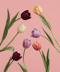 Colorful tulip flowers arrangement on pink background