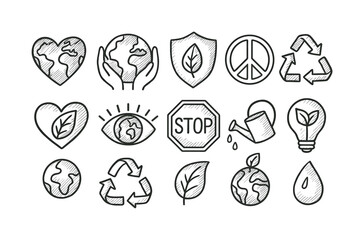 Environmental linear icons set. featuring heart, globe, hands, leaf, peace, recycle, eye, stop, water, light bulb.