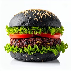 Intriguing black burger with fresh ingredients on a clean white background showcasing culinary creativity