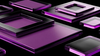 Artistic arrangement of translucent geometric shapes, squares, and rectangles, with violet hues