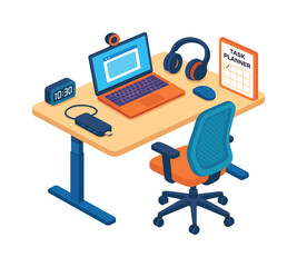 Remote work flat icon set. featuring desk, laptop, headphones, chair, planner, clock, and mouse symbols