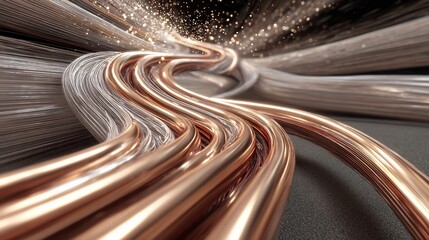 Artistic depiction of flowing metallic cords, with copper and silver, and sparkling light