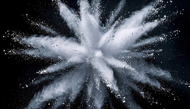 Abstract white powder explosion on black background