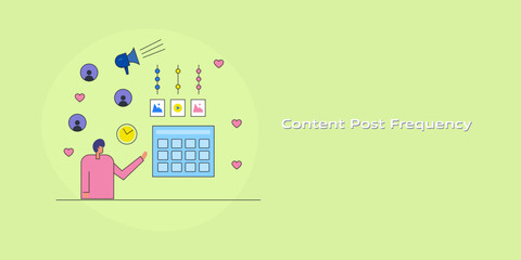 Content post frequency, person pointing at social media calendar framework, systematic timing schedule to scale higher reach, engagement through brand promotion. 