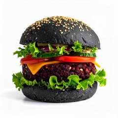 Artistic studio shot of a black sesame burger against a bright white backdrop