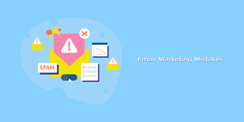 Email marketing mistakes warning indicator, declining engagement metrics, rapid multi send activity, spam trigger and checklist compliance failure.
