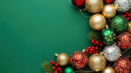 Christmas ornaments and pine branches on green background