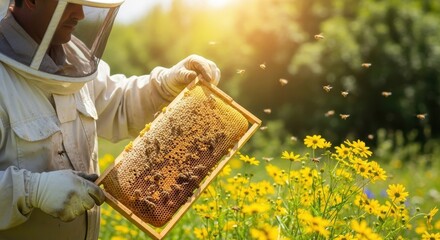 Expert beekeeper in protective gear holds a rich honeycomb, surrounded by buzzing bees amidst a field of bright yellow flowers in warm sunlight, representing a successful harvest.