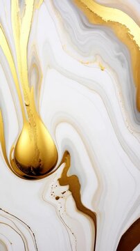 Elegant abstract painting with gold accents, featuring flowing marbled white and gray shades, with liquid gold details and swirls.