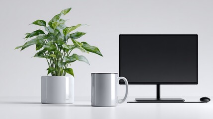 Modern workspace scene featuring a plant, mug, computer screen and mouse on white surface