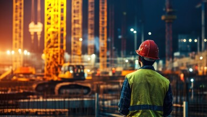 Construction worker in hard hat and safety vest supervises a large building site with cranes and heavy machinery illuminated at night.