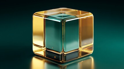A 3D rendered cube encased in golden frames, with teal center, against a dark teal background