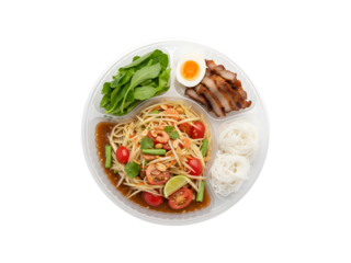 Zesty papaya salad, veggie meat with egg and Thai rice flour noodles served on a tray, isolated against a white background, clipping path, Thai cuisine.