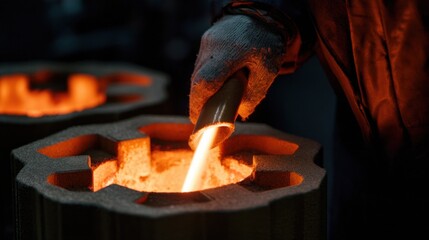 Pouring molten metal into industrial molds at a foundry a gloved hand guides the glowing stream