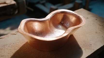 Handcrafted artisanal copper sink smooth polished surface organic shape resting on a stone slab