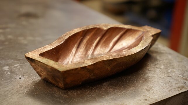 Handcrafted copper leaf shaped dish with textured interior resting on a workbench