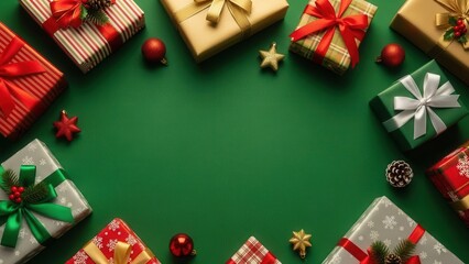 Top view of christmas presents border on green background with copy space