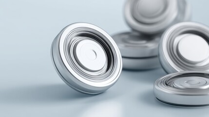Close up view of several silver metallic cylindrical objects with ridged edges on a pale blue surface