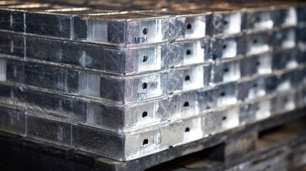 Stacked aluminum ingots with identifying marks on wooden pallets metal
