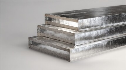 Stacked insulated sandwich panels with silver foil exterior on a light gray background
