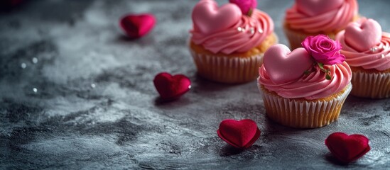 Pink Valentine's Day Cupcakes with Hearts and Roses on Dark Background