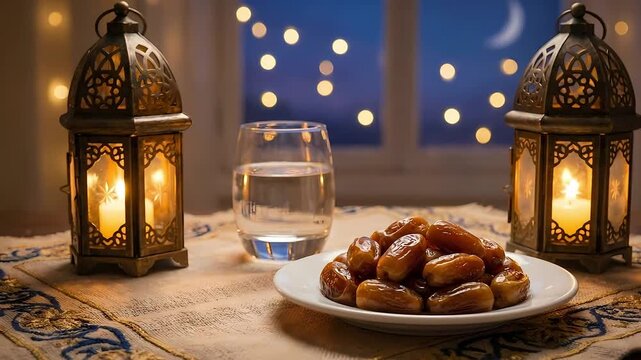 Traditional lanterns illuminate dates and water for a peaceful ramadan iftar celebration