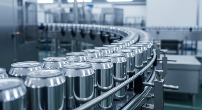 Numerous aluminum beverage cans moving in a continuous line along a factory conveyor belt during automated production.