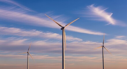 Fototapeta premium Majestic Wind Turbine Harnessing Renewable Energy Against a Vibrant Sky Filled With Wispy Clouds