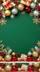 christmas wreath decoration with ornaments and gifts on green background